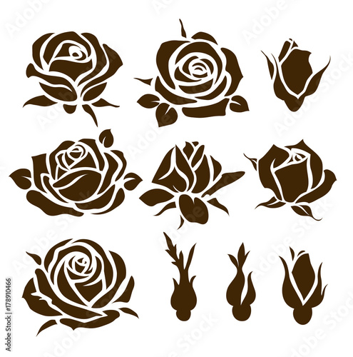 Vector set of decorative rose icon. Flower silhouette
