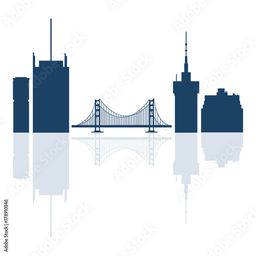 Silhouettes of Golden Gate, suspension bridge and modern buildings in the USA.