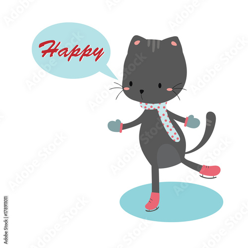 happy,cute cat ice skating vector