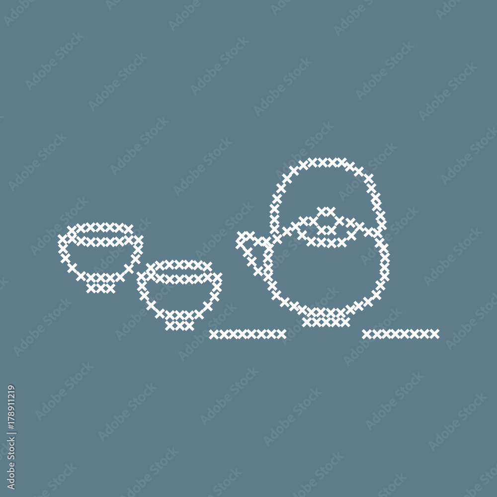 Cute vector illustration cross embroidery of teapot with two cups. Cute vector illustration cross embroidery of teapot with two cups.