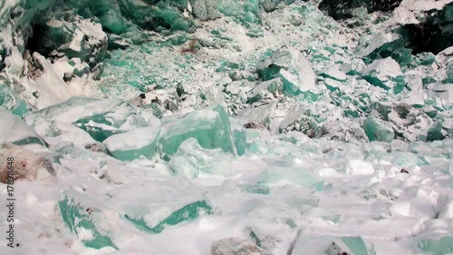 Turquoise color glacier on background of snow in Arctic. Amazing ice desert landscape. Silence quiet of wilderness North Pole Way to Pyramid on Spitsbergen Svalbard in Norway. photo