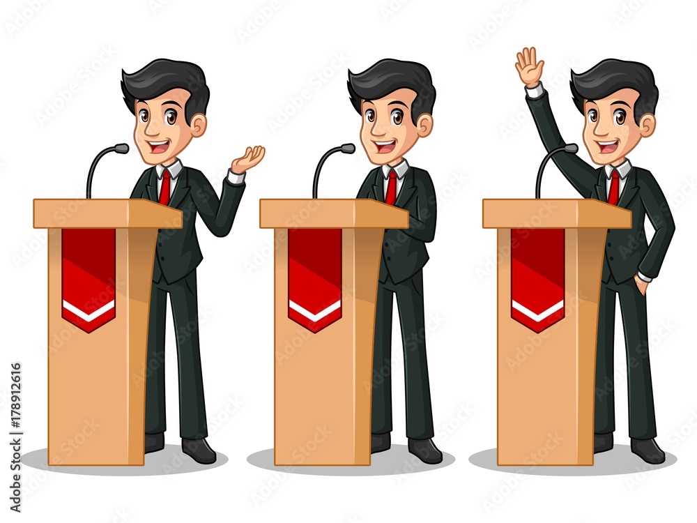 Set of businessman in black suit cartoon character design politician orator public  speaker giving a talk speech presentation standing behind rostrum podium,  isolated against white background. Stock Vector | Adobe Stock
