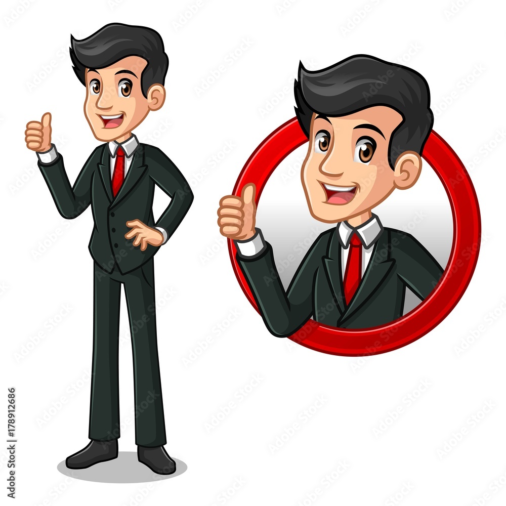 Set of businessman in black suit cartoon character design, inside the  circle logo concept with showing like, ok, good job, satisfied sign gesture  with his thumbs up, isolated against white background. Stock