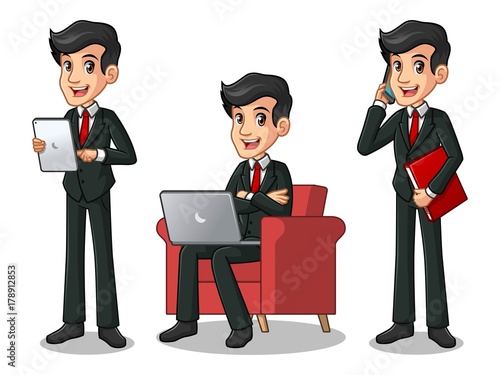 Set of businessman in black suit cartoon character design working on gadgets, tablet, laptop computer, and mobile phone, isolated against white background.