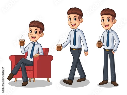 Set of businessman in shirt cartoon character design making a break relaxing with holding drinking a coffee tea, isolated against white background.
