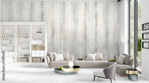 Scene with brand new interior in vogue with white rack and modern grey sofa. 3D rendering. Horizontal arrangement.