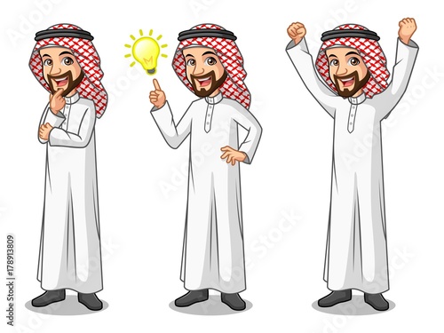Set of businessman Saudi Arab man cartoon character design get great idea inspiration light bulb, thinking thoughtful gesture, and celebrating victory winner successful success with raised up arms.
