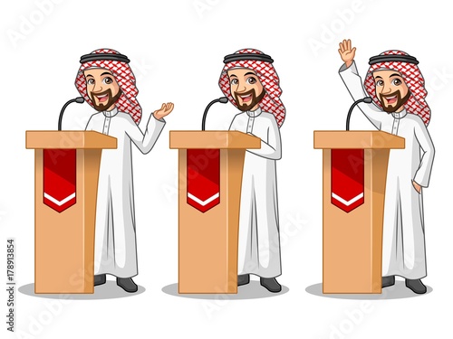 Set of businessman Saudi Arab man cartoon character design politician orator public speaker giving a talk speech presentation standing behind rostrum podium, isolated against white background.
