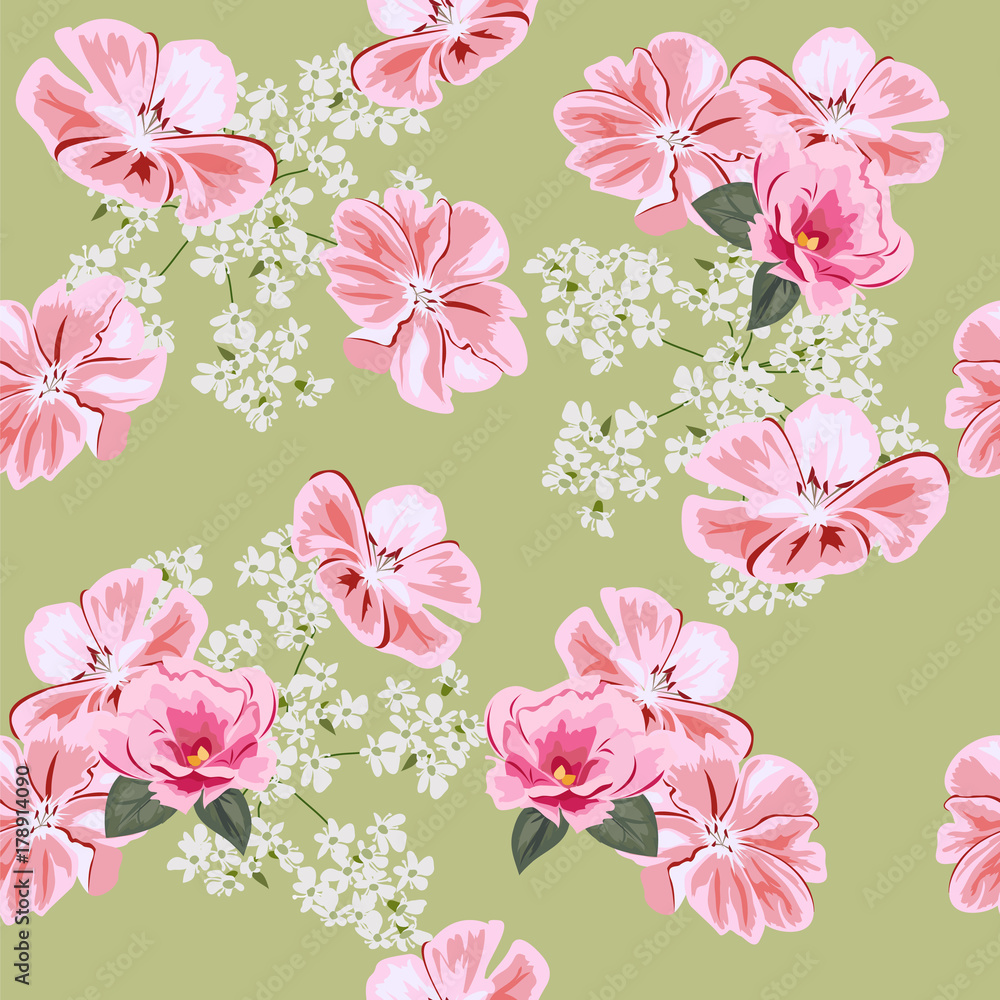 Vintage seamless pattern with cute pink flowers. Hand-drawn floral background for textile, cover, wallpaper, gift packaging, printing.Romantic design for calico.