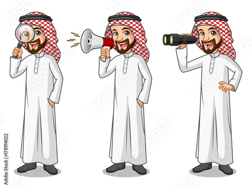 Set of businessman Saudi Arab man cartoon character design, looking through binoculars, holding magnifying glass, and talking yelling shouting announcement with megaphone.
