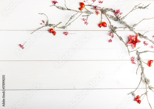 Christmas, New Year, Autumn background, flat lay natural ornaments and fir branches, berries, rose hips ,winter branches covered with moss, empty space for greeting text, congratulations, invitations.