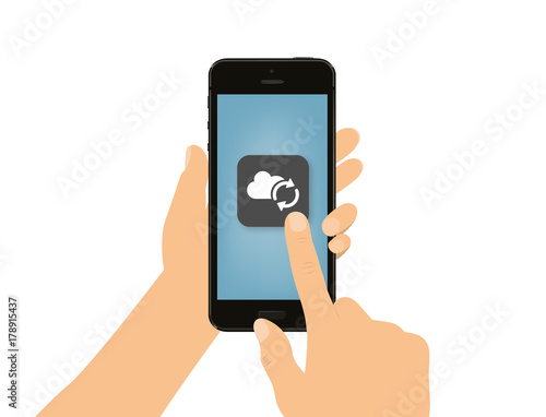 Hand tippt auf Smartphone - Wolke - Synchronisation