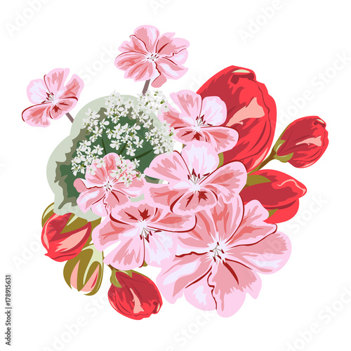 Fototapeta Naklejka Na Ścianę i Meble -  Bouquet of cute pink and red flowers. Decor elements for greeting cards, wedding invitations, birthday and other celebrations. Isolated on white background.