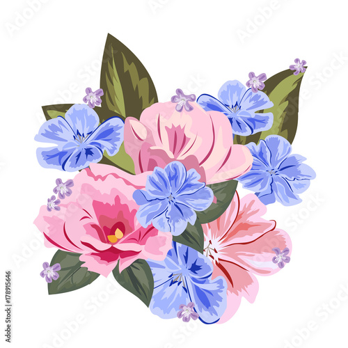 Fototapeta Naklejka Na Ścianę i Meble -  Bouquet of cute pink and blue flowers. Decor elements for greeting cards, wedding invitations, birthday and other celebrations. Isolated on white background.