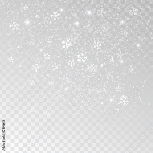 White tender snowflakes, snow falling over transparent background, vector illustration.