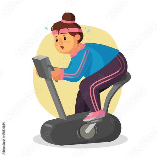 Fat Woman In Gym Vector. Female Running On Treadmill. Exercise Bike. Fitness Girl Training. Obese Woman Running On Treadmill. Isolated Flat Cartoon Character Illustration