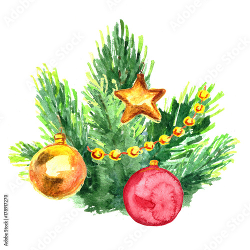 Watercolor Christmas tree branch with balls. Hand painted fir-needle isolated on white background.