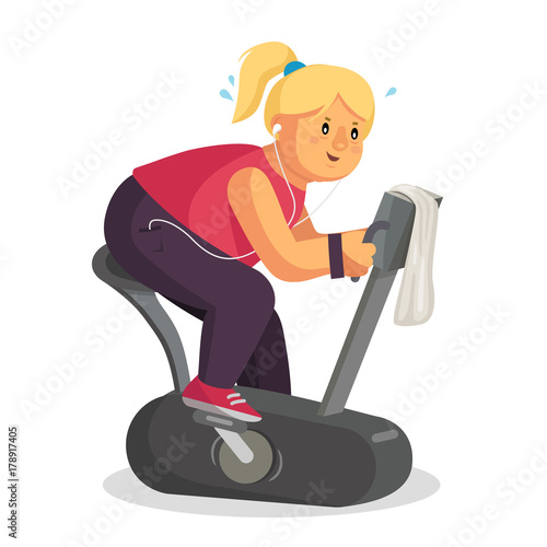 Fat Woman Training Vector. Lose Weight. Fat Woman Dieting, Fitness. Get Rid Of Fat Belly. Flat Cartoon Illustration