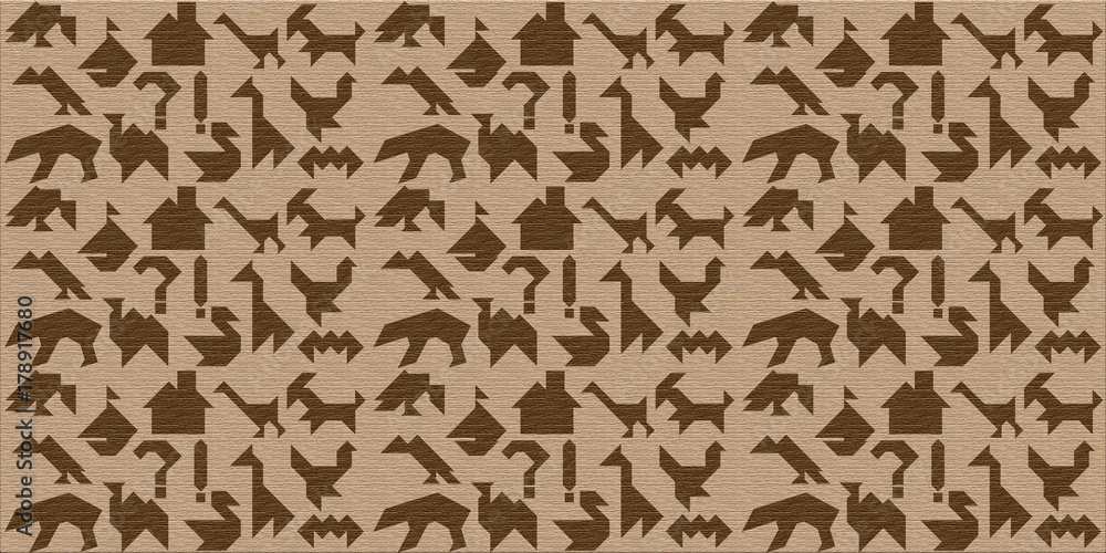 Wooden background with silhouettes of animals, and others, tangram