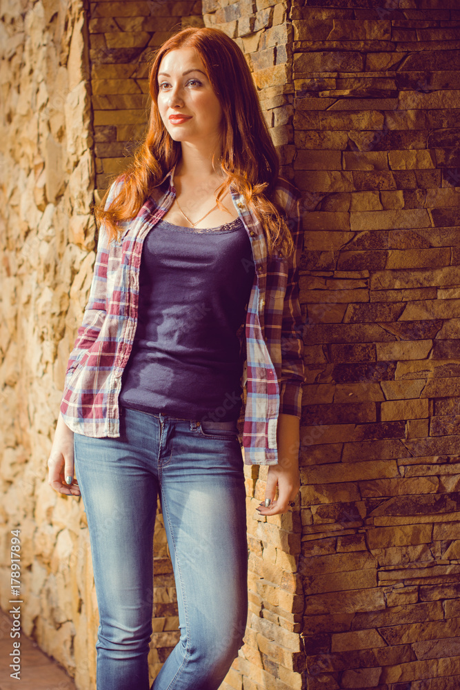 American girl from next door, simple and nice young woman in plaid shirt  and jeans . Natural beauty, no photoshop in real life Stock Photo | Adobe  Stock