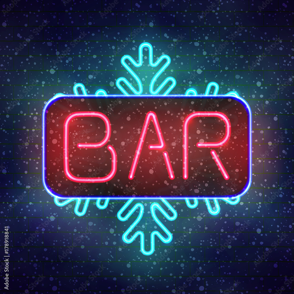 Winter bar neon sign board. Glowing signboard with radiating snowflake