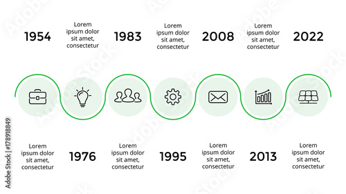 Vector arrows semicircles timeline infographic, diagram chart, graph presentation. Business progress concept with 7 options, parts, steps, processes.