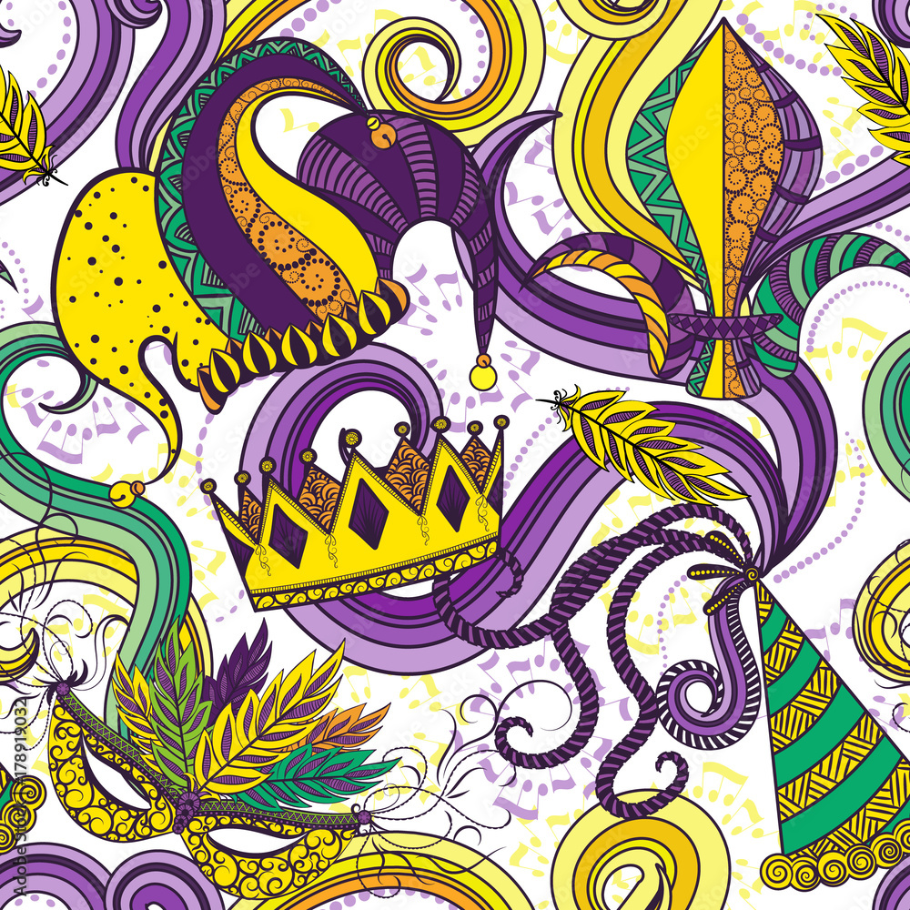 Mardi Gras seamless pattern. Colorful background with carnival mask and hats, jester hat, crowns, fleur de lis, feathers and ribbons.