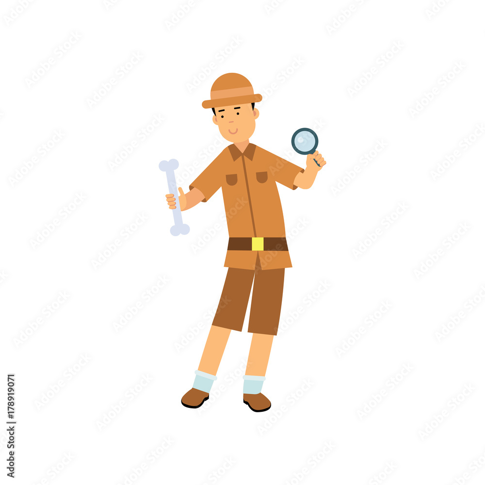 Archaeologist studying bone through magnifying glass Archaeologist studying bone through magnifying glass