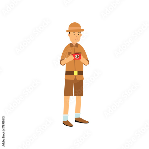 Young archaeologist character with camera in hands