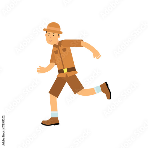 Happy cartoon archaeologist character running