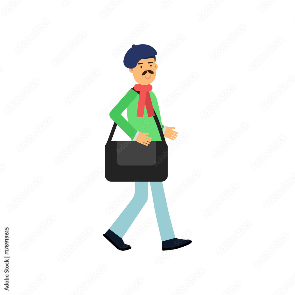 Flat profession artist walking with bag for paintings