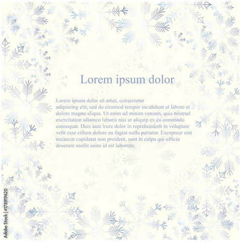 Blue snowflakes on white background, Lorem ipsum stock vector illustration