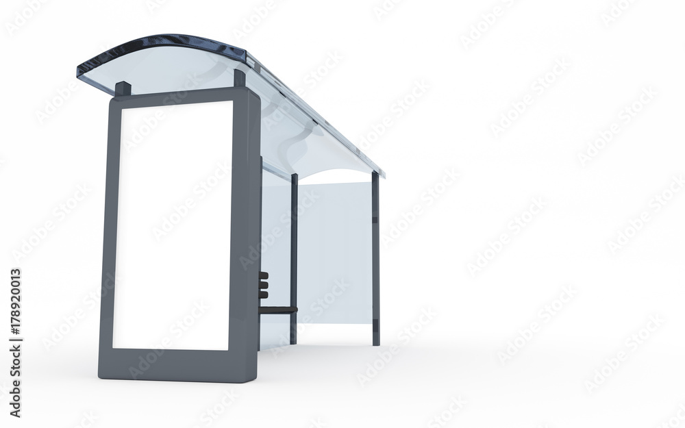 3D rendering of bus stop with blank vertical billboard (light box) isolated on white background 3D rendering of bus stop with blank vertical billboard (light box) isolated on white background