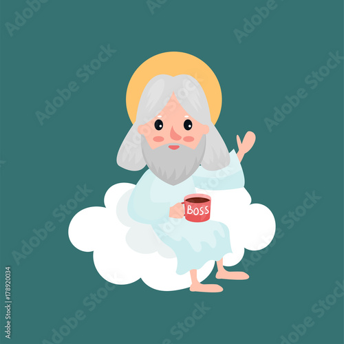 God character drinking tea from boss cup and waving hand