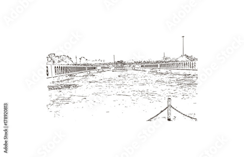 Hand drawn sketch of Rishikesh Uttarakhand, India in vector illustration.