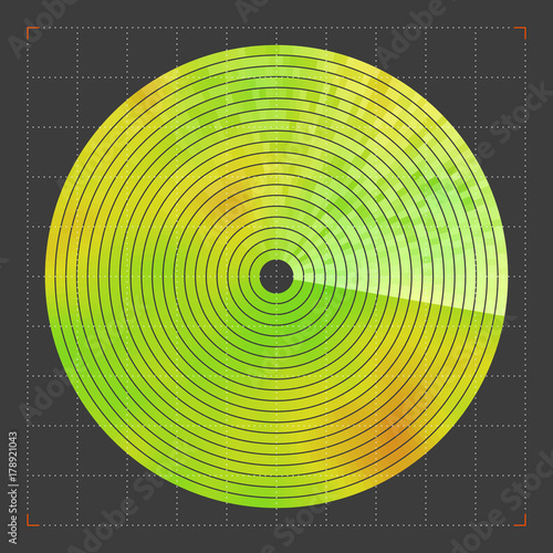 Modern decorative technical vector illustration. Visual thermal navigation system. Colorful round heatmap. Image of working radar. Vivid scientific background. Element of design.