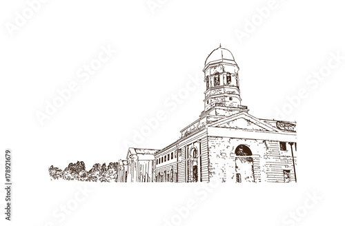 Hand drawn sketch of The Forest Research Institute is an institute of the Indian Council of Forestry Research and Education. It is located at Dehradun in Uttarakhand, India. Vector illustration. 