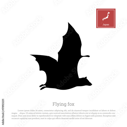 Black silhouette of a japanese flying fox on white background. Bat image. Animals of Japan. Vector illustration