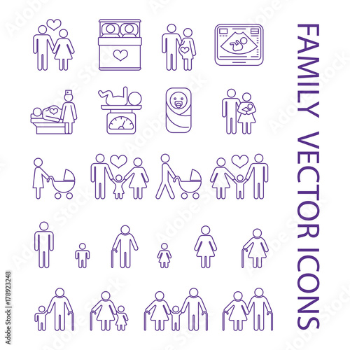Pregnancy and family thin line icons set