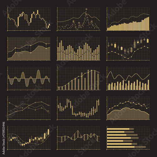 Business data financial charts. Stock analysis graphics on black background
