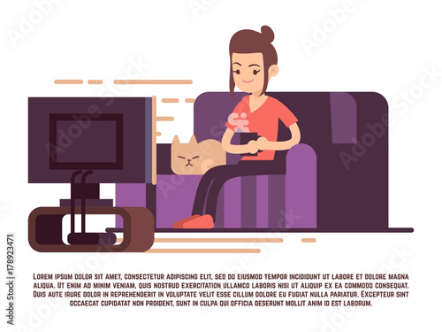 Single girl with cat and cup of tea watch TV