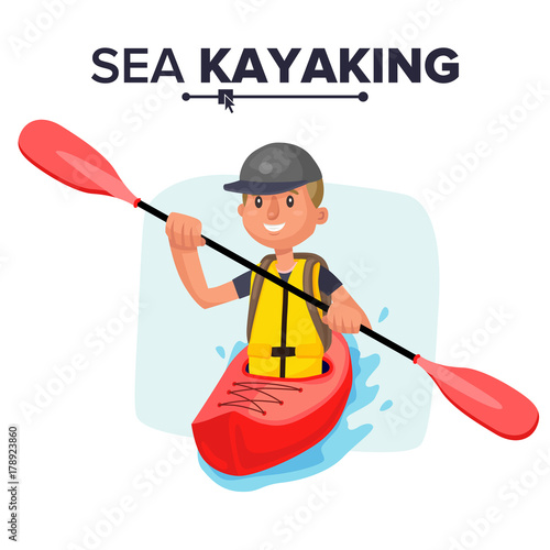 Kayaking Man Vector. Rafting. Vest Jacket, Paddle Oar, Kayak Boat. Kayaking Water Sport. Flat Cartoon Illustration