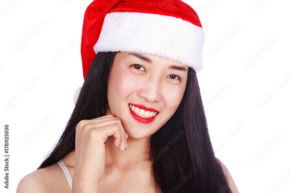 happy woman in Santa Claus clothes isolated on white background