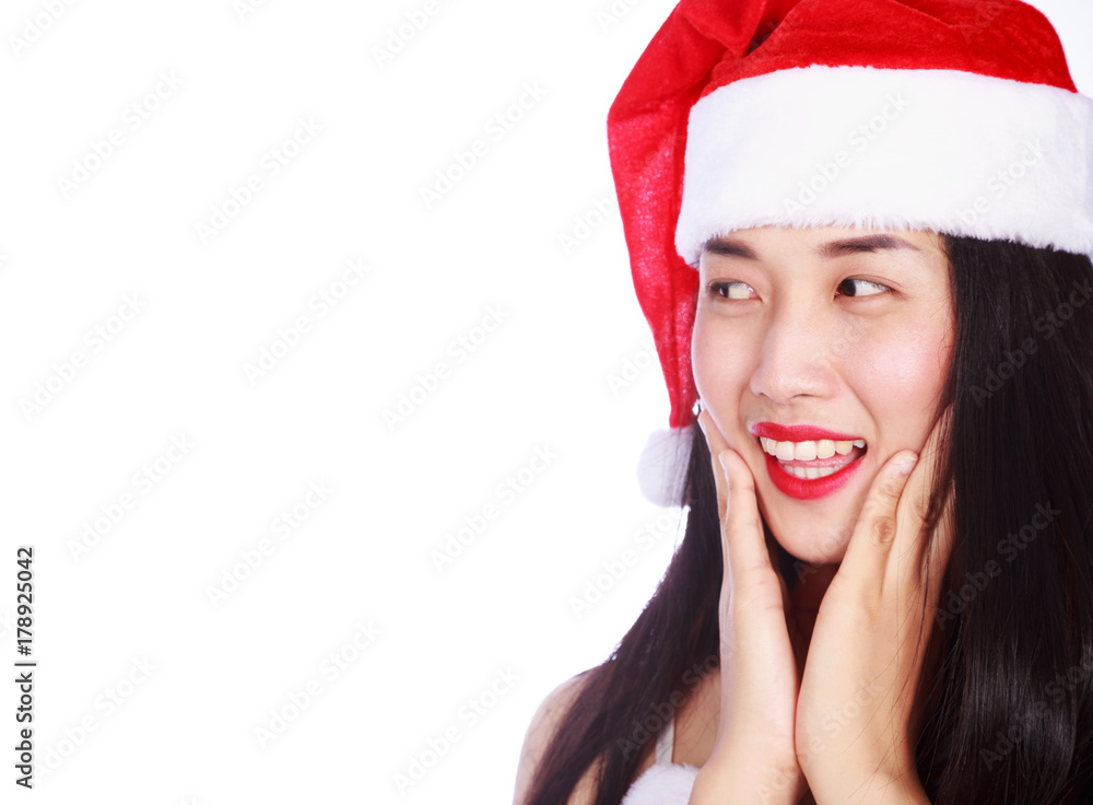 happy woman in Santa Claus clothes isolated on white background happy woman in Santa Claus clothes isolated on white background