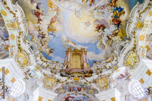The Pilgrimage Church of Wies (Wieskirche), an oval rococo church located in the foothills of the Alps, Bavaria, Germany. A World Heritage Site since 1983