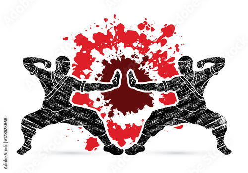 Kung fu action ready to fight designed on splatter blood background graphic vector.