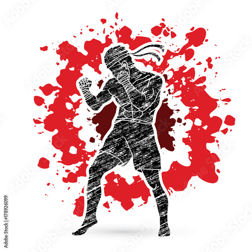 Muay Thai, Thai Boxing standing on splatter blood background graphic vector
