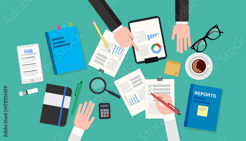Audit meeting, top view of a desk with reports, documents, notepad, coffee cup, smartphone, pens and pencils. Vector illustration in flat style, template for business