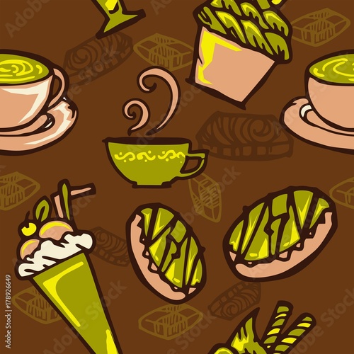 coffee and cake in bakery shop concept design for seamless pattern with brown and green color tone background 