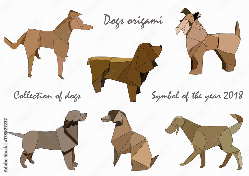 Collection of dogs in the style of origami. The Stylized Symbol of the Year 2018